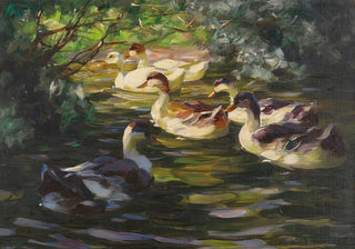 Alexander Koester - Sechs Enten auf dem Wasser unter Uferstruchern.webp