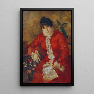 Anton Romako - Frau im scharlachroten Kleid mit Zeitungsblatt und Ficus Frau im roten Kleid mit Zeitung.webp