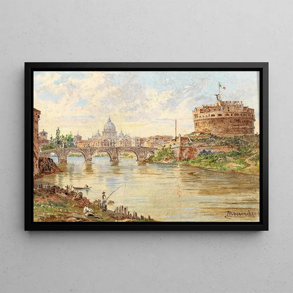 Rome-näkymämaalaus, jossa näkyvät Saint-Ange-linna, Saint-Ange-silta ja Pyhän Pietarin basilika taustalla - Antonietta Brandeis — kehystetty taideteos seinällä