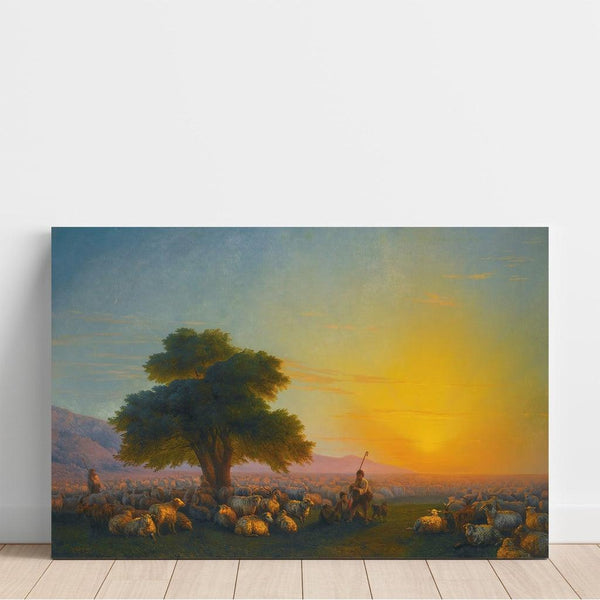 Maalauksen jäljennös Bergersien heidän laumansa kanssa auringonlaskussa - Ivan Konstantinovich Aivazovsky