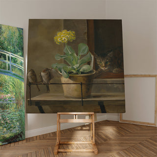 Taidetuloste | Still life with a primrose in a flowerpot, a cat and two sparrows - Martinus Rørbye