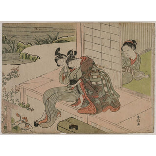 Femme observant un jeune couple s'embrasser sur une véranda - Suzuki Harunobu | Reproduction Tableau Décoration murale affiche copie