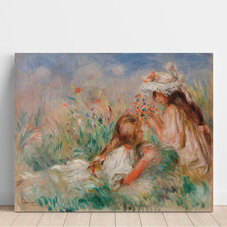 Fillette couchée sur l'herbe et jeune fille arrangeant un bouquet - Pierre-Auguste Renoir | Reproduction Tableau Décoration murale affiche copie