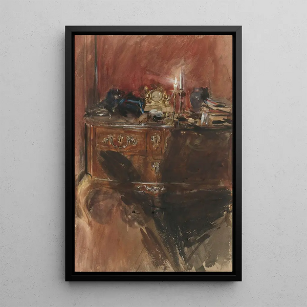 Näkymä sisätilasta Louis XV -lipastolla - Giovanni Boldini — kehystetty taideteos seinällä