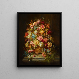 Hans Zatzka - A still life with flowers in a jardiniere resting on a ledge.webp