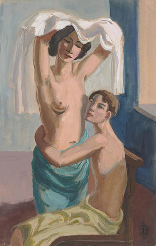 Hermann Lismann - Sitzender Mnnerakt einen stehenden Frauenakt umarmend.webp