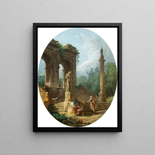 Hubert Robert - A capriccio of a classical arcade and a column with figures conversing before a statue.webp