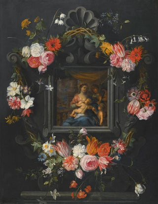 Jan Brueghel the Younger - A Garland Of Flowers Surrounding The Virgin And Child.webp