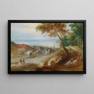 Jan Brueghel the Younger - An extensive hilly landscape with travellers on a path and cattle in the foreground.webp