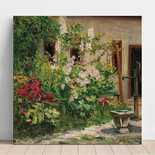 Jardin de devant avec des roses trémières en fleurs - Marie Egner | Reproduction Tableau Décoration murale affiche copie