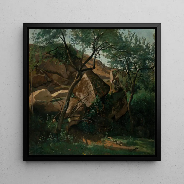 Nuori paimen kiviä ja Fontainebleaun metsää vasten - Jean-Baptiste-Camille Corot — kehystetty taideteos seinällä