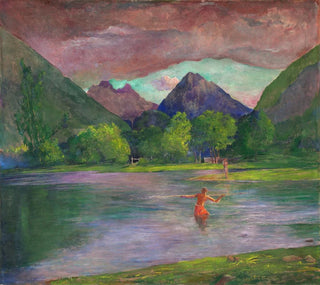 L'entrée de la rivière Tautira, pêcheur tahitien piquant un poisson - John La Farge