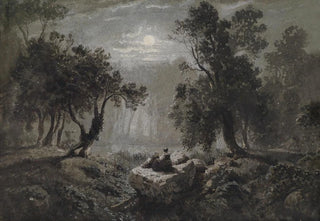 Oswald Achenbach - Eine romantische Waldlandschaft im Mondlicht.webp