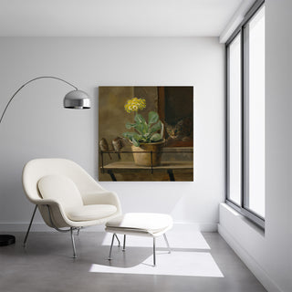 Taidetuloste | Still life with a primrose in a flowerpot, a cat and two sparrows - Martinus Rørbye