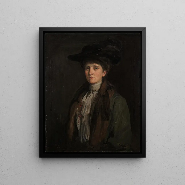 Nainen ruskeassa, jonka uskotaan olevan Margaret Edith Bannatyne Cobb - Sir John Lavery — kehystetty taideteos seinällä