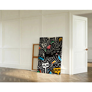 Tableau Pop Art – Chats Stylisés | Affiche Urbaine Colorée Style Keith Haring | Poster Graphique et Ludique pour Déco Contemporaine