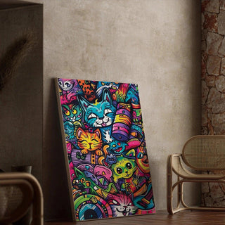 Tableau Pop Art – Jungle Féline | Affiche Colorée Chats Fantaisistes | Poster Graffiti Urbain et Ludique pour Déco Tendance et Déjantée