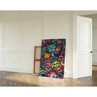 Tableau Pop Art – Jungle Féline | Affiche Colorée Chats Fantaisistes | Poster Graffiti Urbain et Ludique pour Déco Tendance et Déjantée