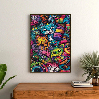 Tableau Pop Art – Jungle Féline | Affiche Colorée Chats Fantaisistes | Poster Graffiti Urbain et Ludique pour Déco Tendance et Déjantée
