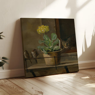 Taidetuloste | Still life with a primrose in a flowerpot, a cat and two sparrows - Martinus Rørbye