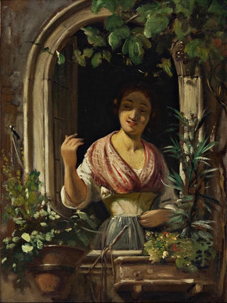 Wilhelm Marstrand - Italian woman waving from a window end of the 1850s.webp