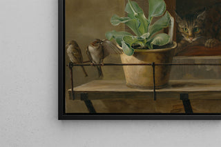 Taidetuloste | Still life with a primrose in a flowerpot, a cat and two sparrows - Martinus Rørbye