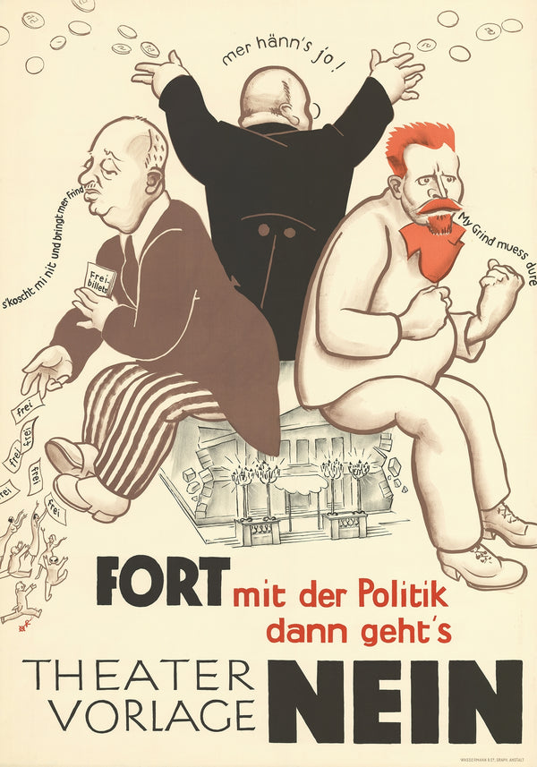 Vintage teatterijuliste 'Theatervorlage Nein' poliittinen karikatyyri
