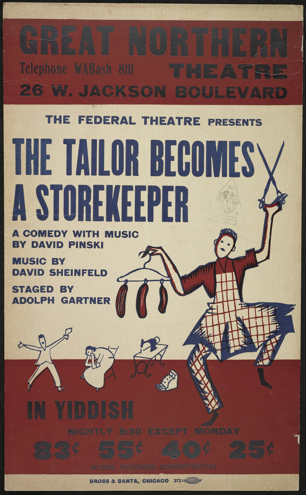 Vintage teatterijuliste "The Tailor Becomes a Storekeeper" jiddisiksi