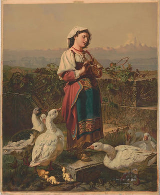 A C Kaufmann - Girl with geese and gosslings with mountains in the background.webp