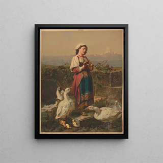 A C Kaufmann - Girl with geese and gosslings with mountains in the background.webp