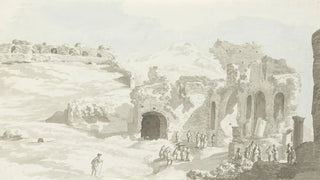 AbrahamLouisRodolphe Ducros - Gezicht op een gedeelte van het toneel en de muur daarachter van het theater van Taormine.webp