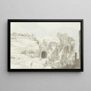 AbrahamLouisRodolphe Ducros - Gezicht op een gedeelte van het toneel en de muur daarachter van het theater van Taormine.webp