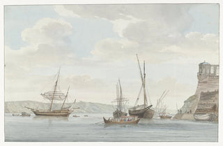 AbrahamLouisRodolphe Ducros - Tuinhuis van de Jardin du Grand Matre uittorend boven de haven met galei schepen op Malta.webp