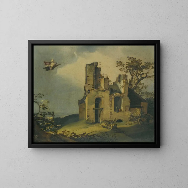 Maisema raunioiden kanssa ja Ganymedes-raiskaus - Abraham Bloemaert — kehystetty taideteos seinällä