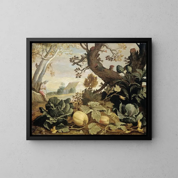 Maisema hedelmien ja vihannesten kanssa etualalla - Abraham Bloemaert — kehystetty taideteos seinällä