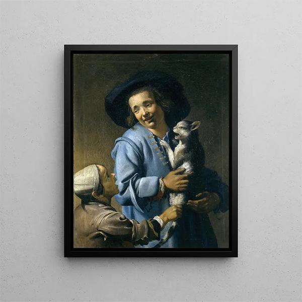 Nuoret leikkivät kissan kanssa - Abraham Bloemaert — kehystetty taideteos seinällä