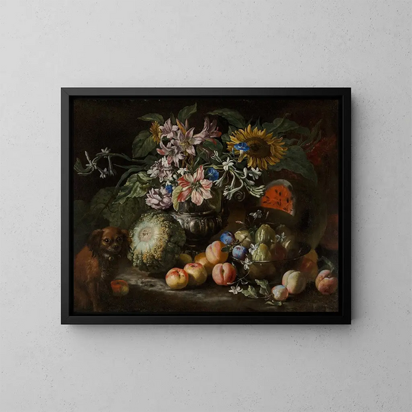 Still life of fruits and flowers in a silver footed and fluted vase with a spaniel for observation - Abraham Brueghel — kehystetty taideteos seinällä