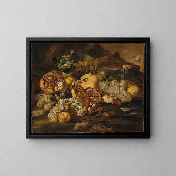 Grenades et autres fruits dans un paysage - Abraham Brueghel — kehystetty taideteos seinällä