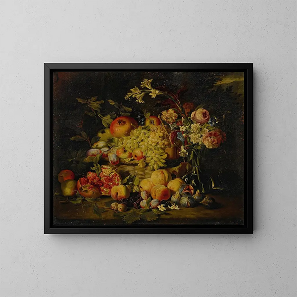 Kukka- ja hedelmäasetelma, mukaan lukien granaatit, persikat ja viinirypäleet - Abraham Brueghel — kehystetty taideteos seinällä