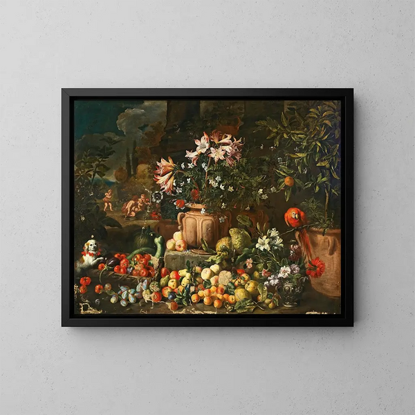 luonnonkuvaus kukista, hedelmistä, putti- ja eläinaiheista - Abraham Brueghel — kehystetty taideteos seinällä