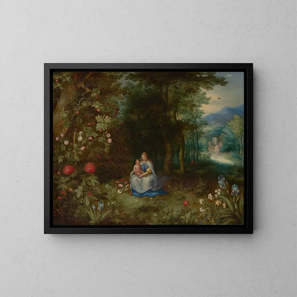La Vierge et l'Enfant dans un paysage boisé - Abraham Govaerts — kehystetty taideteos seinällä