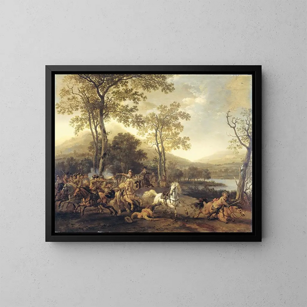 Escarmouche de cavalerie - Abraham van Calraet — kehystetty taideteos seinällä