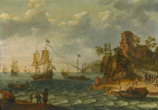 Abraham Willaerts - Ships Moored Off A Rocky Coastline With Fishermen Unloading Their Catch.webp
