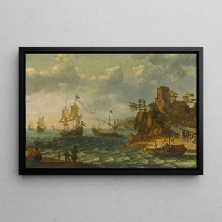 Abraham Willaerts - Ships Moored Off A Rocky Coastline With Fishermen Unloading Their Catch.webp