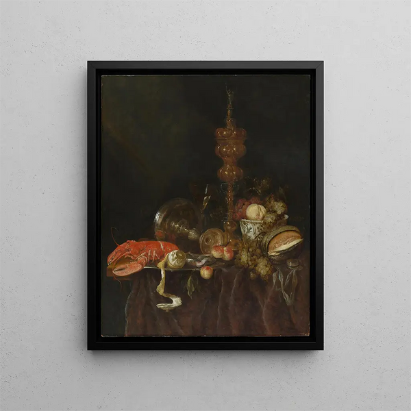 Luontoaiheinen still life hummerin ja hedelmien kanssa - Abraham van Beyeren — kehystetty taideteos seinällä