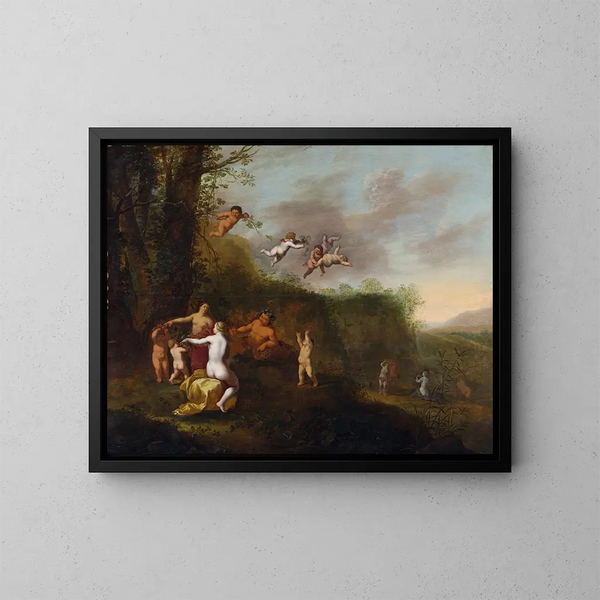 Bacchus ja nymfit maisemassa - Abraham van Cuylenborch — kehystetty taideteos seinällä