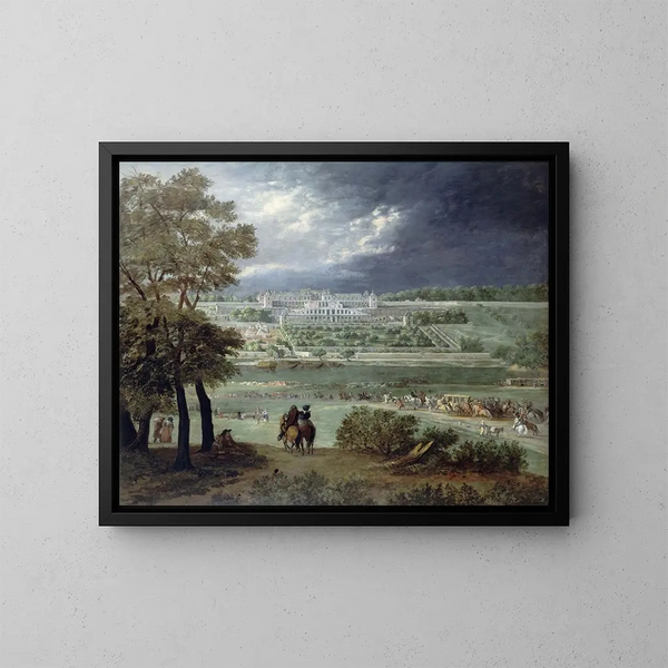 Le Château Neuf de Saint-Germain-en-Laye et les jardins vus de la rive droite de la Seine - Adam Frans van der Meulen — kehystetty taideteos seinällä