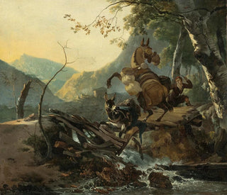 Adam Pynacker - Italianate Landscape With A Donkey And A Rearing Horse Crossing A Collapsing Bridge.webp