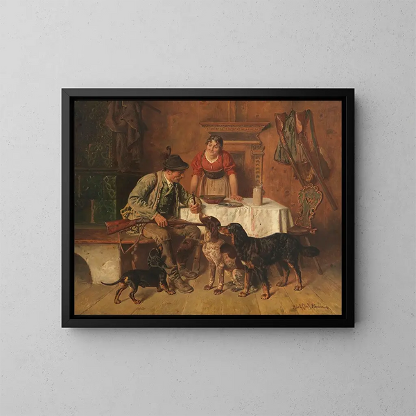 Metsästäjän ruokailu - Adolf Eberle — kehystetty taideteos seinällä
