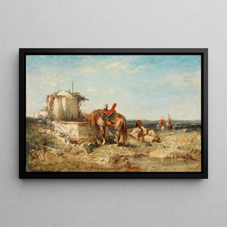 Adolf Schreyer - Eastern Soldiers with a Horse Drinking.webp